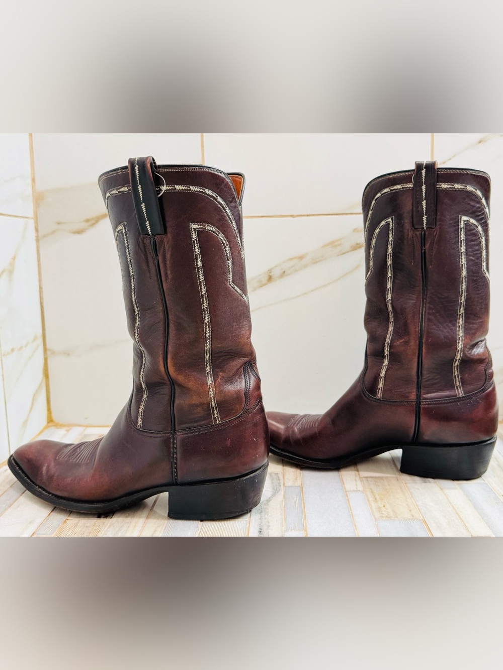 Lucchese Men’s Vintage Western Cowboy Boots cherry Leather Size 9.5D Style 1307 - Picture 15 of 16